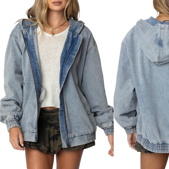 ❤️Edikted denim hooded bomber jacket XS vintage washed sold out everywhere - Picture 3 of 3